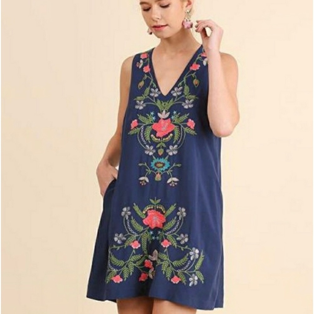 Umgee Navy Blue Sleeveless Embroidered V-Neck Mini Dress